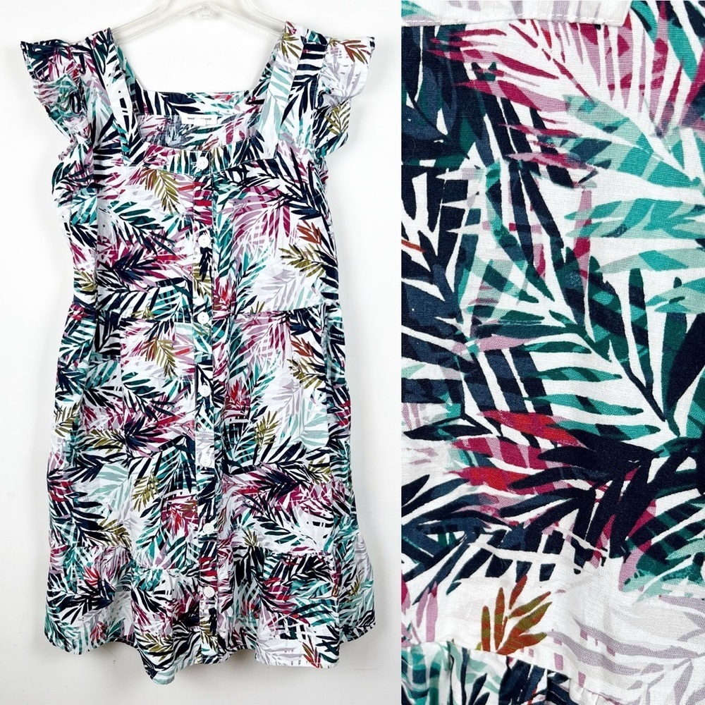 Beach Lunch Lounge Linen Tropical Palm Print Dress Cotton Medium Vacation Cruise